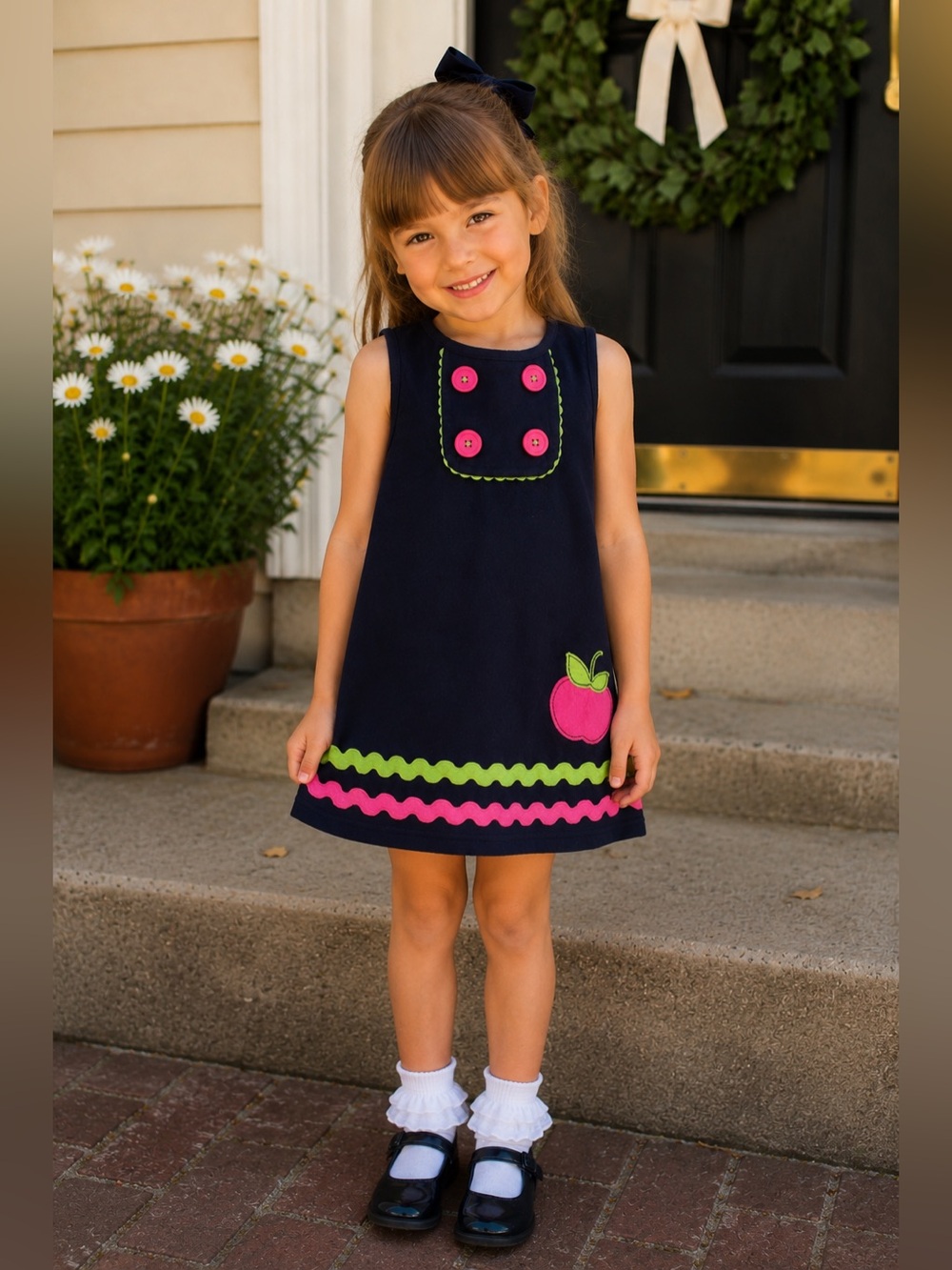 Hartstrings Apple Appliqué Jumper Dress | Girls Size 5 | Navy Pink & Green